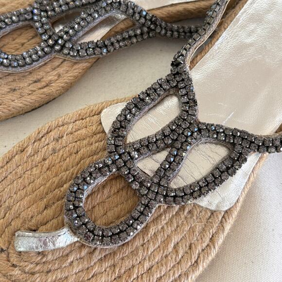 TopShop Jeweled Espadrille Sandals 7 Ankle Wrap Flats Silver Gray Embellished - Picture 5 of 5